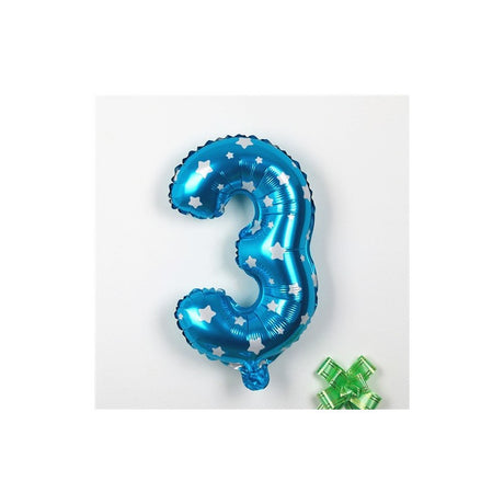 Balon din Folie Metalizata Vivimall, Figurina Cifra, Imprimeu Stele, Tema Aniversare 80 cm, Ambalaj Individual, Pai inclus, Umflare cu Aer sau Heliu, Albastru, Cifra 3
