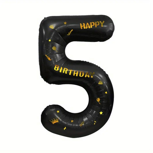 Balon din Folie Metalizata Vivimall, Figurina Cifra, Scris Happy Birthday, Tema Aniversare 100 cm, Ambalaj Individual, Pai inclus, Umflare cu Aer sau Heliu, Negru, Cifra 5 - vivimall.ro