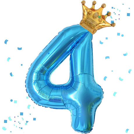 Balon din Folie Metalizata Vivimall, Figurina Cifra si Coroana, Tema Aniversare 100 cm, Ambalaj Individual, Pai inclus, Umflare cu Aer sau Heliu, Albastru, Cifra 4