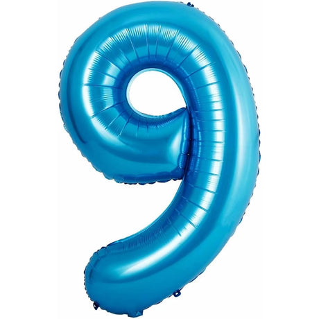 Balon din Folie Metalizata Vivimall, Figurina Cifra si Coroana, Tema Aniversare 100 cm, Ambalaj Individual, Pai inclus, Umflare cu Aer sau Heliu, Albastru, Cifra 9