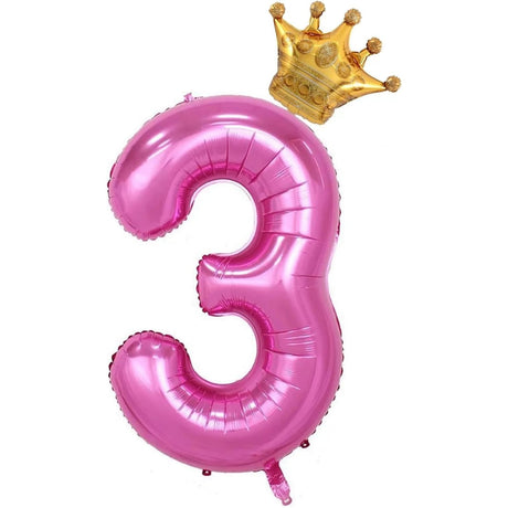 Balon Din Folie Metalizata Figurina Cifra Si Coroana, Tema Aniversare 100 Cm, Ambalaj Individual, Pai Inclus, Umflare Cu Aer Sau Heliu, Cifra 3 - vivimall.ro