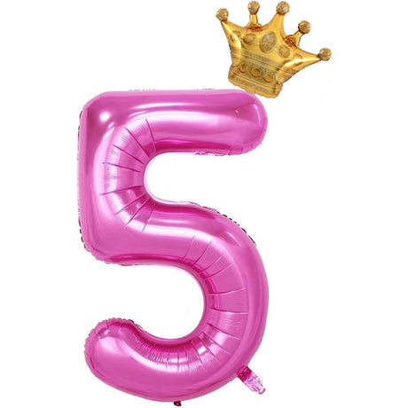 Balon Din Folie Metalizata Figurina Cifra Si Coroana, Tema Aniversare 100 Cm, Ambalaj Individual, Pai Inclus, Umflare Cu Aer Sau Heliu, Cifra 5 - vivimall.ro