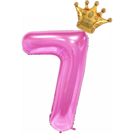 Balon Din Folie Metalizata Figurina Cifra Si Coroana, Tema Aniversare 100 Cm, Ambalaj Individual, Pai Inclus, Umflare Cu Aer Sau Heliu, Cifra 7 - vivimall.ro