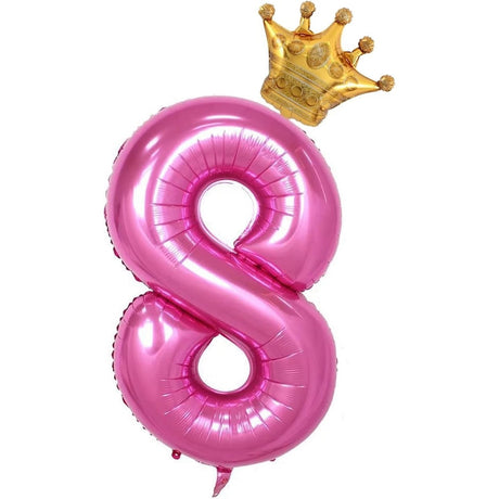 Balon Din Folie Metalizata Figurina Cifra Si Coroana, Tema Aniversare 100 Cm, Ambalaj Individual, Pai Inclus, Umflare Cu Aer Sau Heliu, Cifra 8 - vivimall.ro