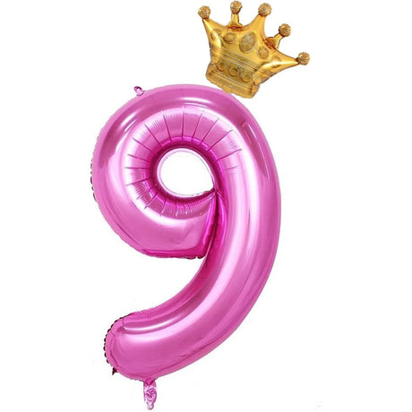 Balon Din Folie Metalizata Figurina Cifra Si Coroana, Tema Aniversare 100 Cm, Ambalaj Individual, Pai Inclus, Umflare Cu Aer Sau Heliu, Cifra 9 - vivimall.ro