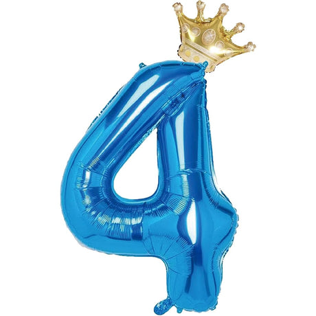 Balon Din Folie Metalizata Figurina Cifra Si Coroana, Tema Aniversare 100 Cm, Ambalaj Individual, Pai Inclus, Umflare Cu Aer Sau Heliu, Cifra 4 - vivimall.ro