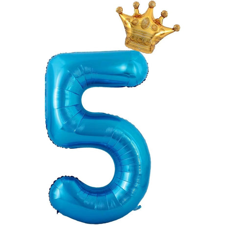 Balon Din Folie Metalizata Figurina Cifra Si Coroana, Tema Aniversare 100 Cm, Ambalaj Individual, Pai Inclus, Umflare Cu Aer Sau Heliu, Cifra 5 - vivimall.ro