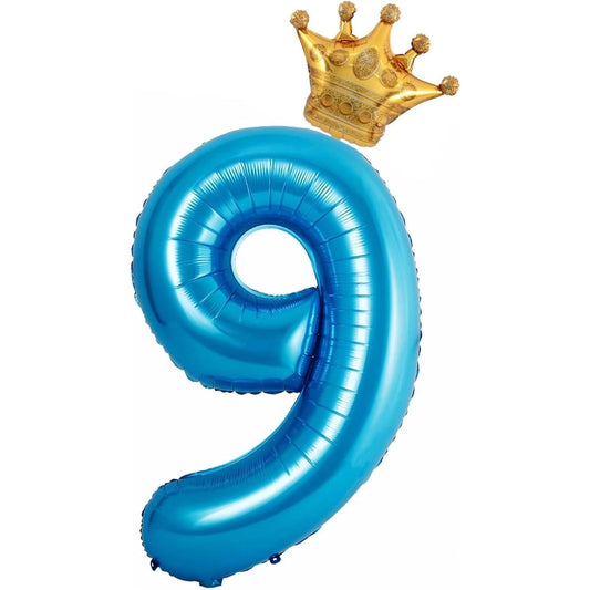 Balon din Folie Metalizata Vivimall, Figurina Cifra si Coroana, Tema Aniversare 100 cm, Ambalaj Individual, Pai inclus, Umflare cu Aer sau Heliu, Albastru, Cifra 9