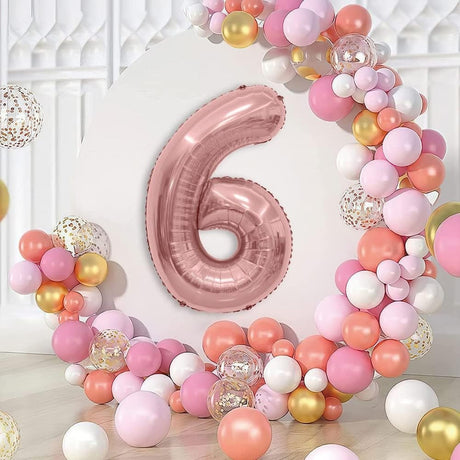 Balon din Folie Metalizata Vivimall, Figurina Cifra, Tema Aniversare 100 cm, Ambalaj Individual, Pai inclus, Umflare cu Aer sau Heliu, Coral, Rose, Cifra 6