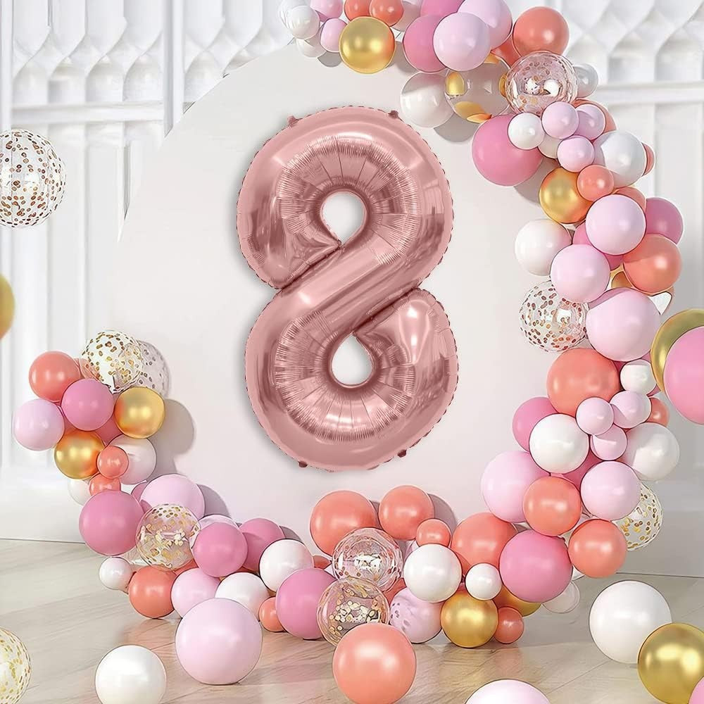 Balon Din Folie Metalizata Figurina Cifra, Tema Aniversare 100 Cm, Ambalaj Individual, Pai Inclus, Umflare Cu Aer Sau Heliu, Coral, Rose Gold, Cifra 8 - vivimall.ro