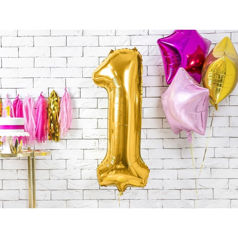 Balon din Folie Metalizata Vivimall, Figurina Cifra, Tema Aniversare 100 cm, Ambalaj Individual, Pai inclus, Umflare cu Aer sau Heliu, Auriu, Cifra 1 - vivimall.ro