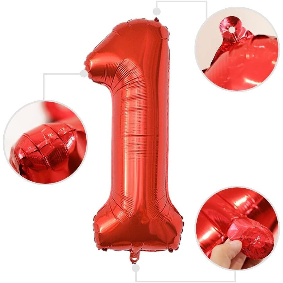 Balon cifra 1 roșu din folie de aluminiu, detaliu suprafață metalizată strălucitoare