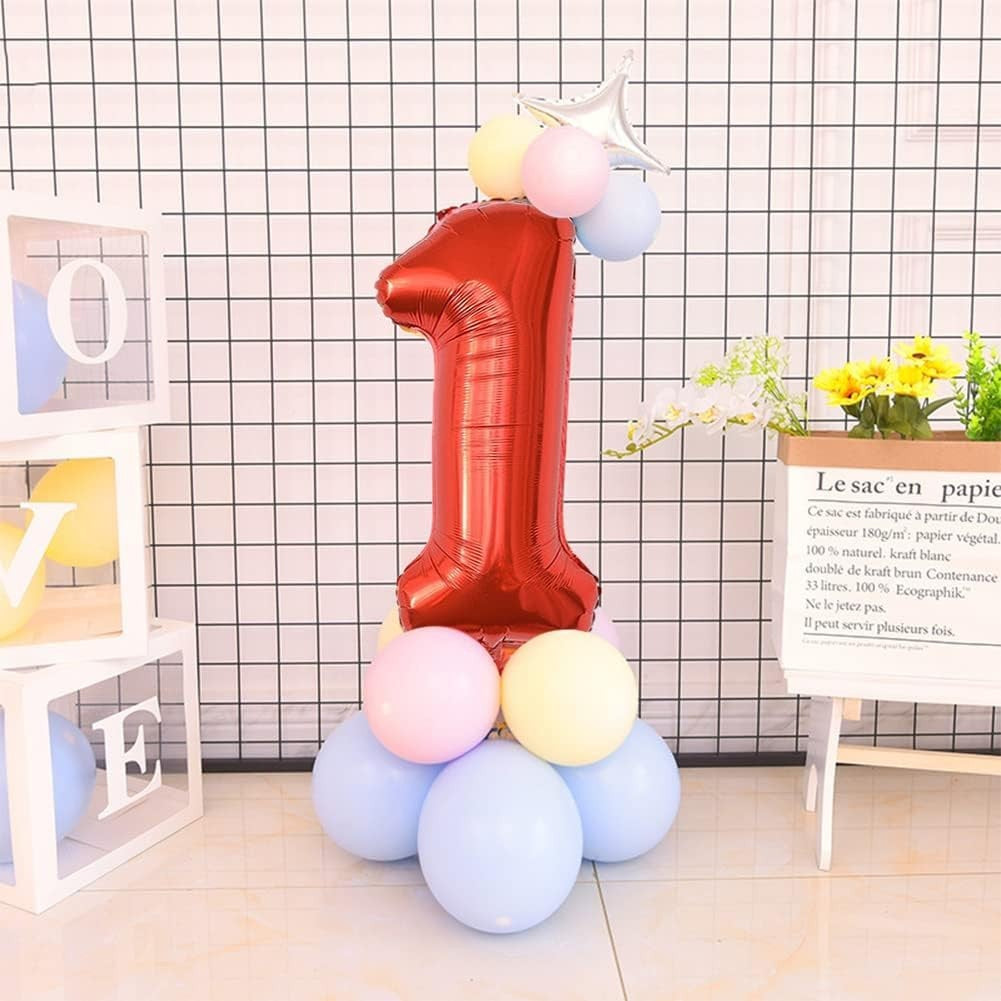 Balon aniversare cifra 1 roșu, 100 cm înălțime, umflat cu heliu, vedere laterală