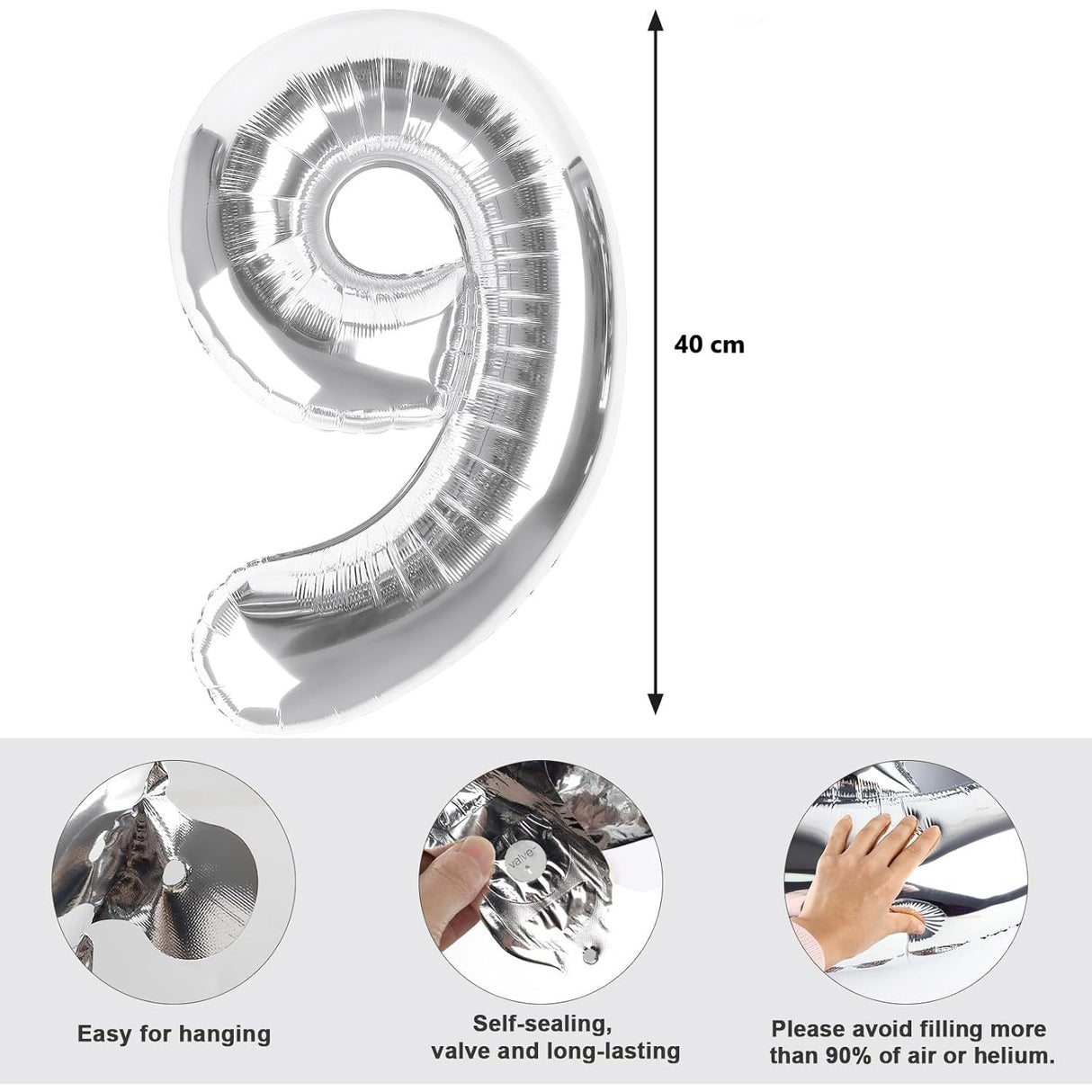 Balon Din Folie Metalizata Figurina Cifra, Tema Aniversare 40 Cm, Ambalaj Individual, Pai Inclus, Umflare Cu Aer Sau Heliu, Cifra 9 - vivimall.ro
