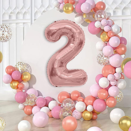 Balon Din Folie Metalizata Figurina Cifra, Tema Aniversare 40 Cm, Ambalaj Individual, Pai Inclus, Umflare Cu Aer Sau Heliu, Rose Gold, Cifra 2 - vivimall.ro