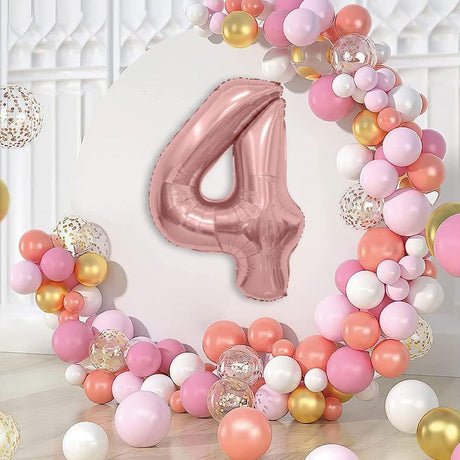 Balon Din Folie Metalizata Figurina Cifra, Tema Aniversare 40 Cm, Ambalaj Individual, Pai Inclus, Umflare Cu Aer Sau Heliu, Rose Gold, Cifra 4 - vivimall.ro
