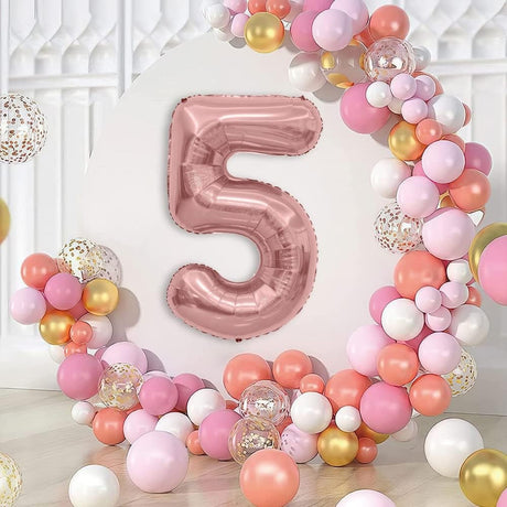 Balon Din Folie Metalizata Figurina Cifra, Tema Aniversare 40 Cm, Ambalaj Individual, Pai Inclus, Umflare Cu Aer Sau Heliu, Rose Gold, Cifra 5 - vivimall.ro