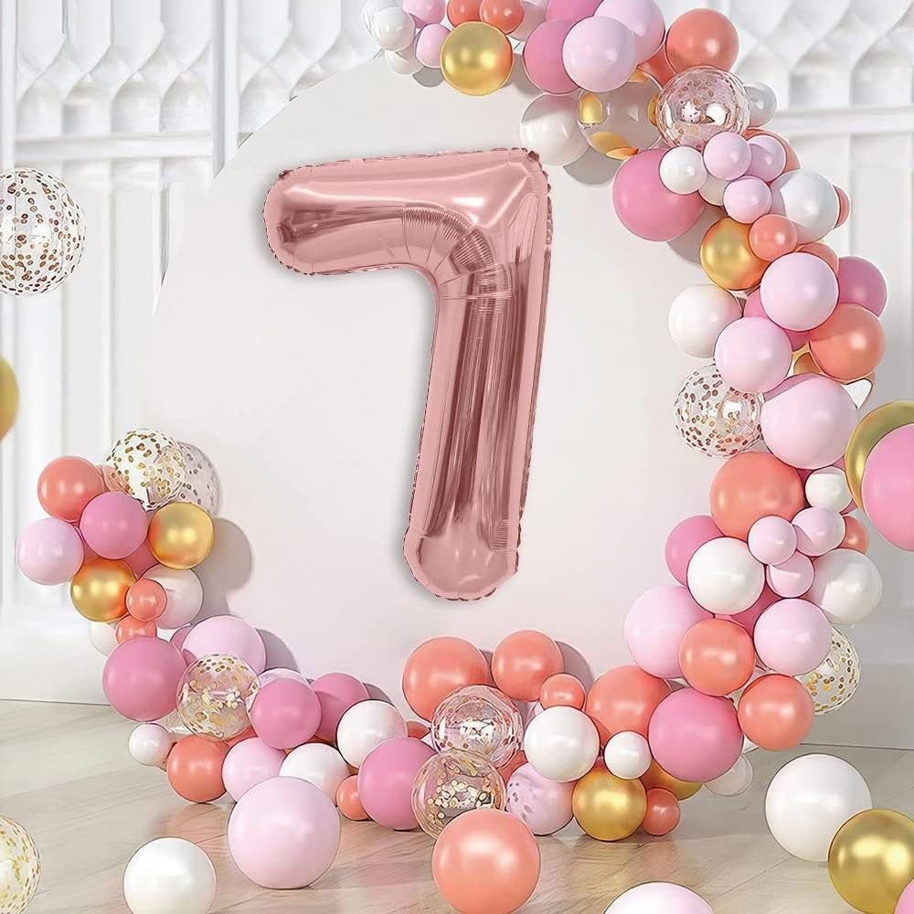 Balon Din Folie Metalizata Figurina Cifra, Tema Aniversare 40 Cm, Ambalaj Individual, Pai Inclus, Umflare Cu Aer Sau Heliu, Rose Gold, Cifra 7 - vivimall.ro