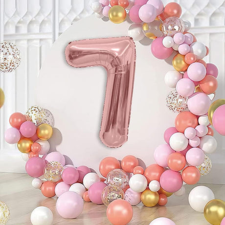 Balon Din Folie Metalizata Figurina Cifra, Tema Aniversare 40 Cm, Ambalaj Individual, Pai Inclus, Umflare Cu Aer Sau Heliu, Rose Gold, Cifra 7 - vivimall.ro