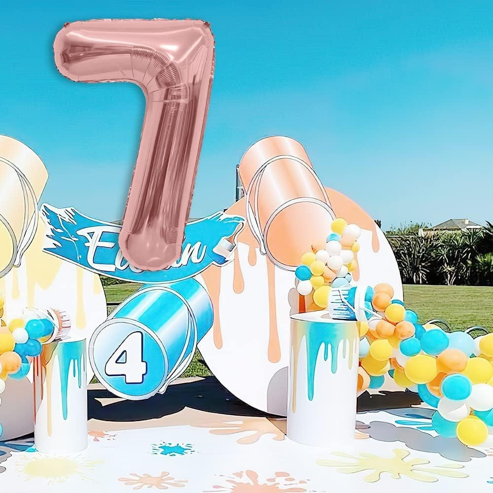 Balon Din Folie Metalizata Figurina Cifra, Tema Aniversare 40 Cm, Ambalaj Individual, Pai Inclus, Umflare Cu Aer Sau Heliu, Rose Gold, Cifra 7 - vivimall.ro