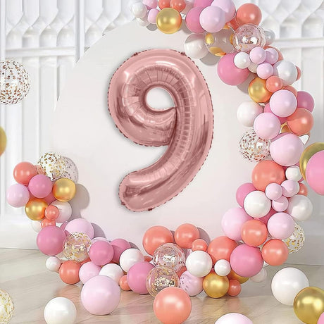 Balon Din Folie Metalizata Figurina Cifra, Tema Aniversare 40 Cm, Ambalaj Individual, Pai Inclus, Umflare Cu Aer Sau Heliu, Rose Gold, Cifra 9 - vivimall.ro