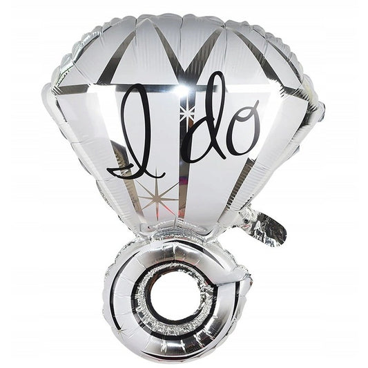 Balon din Folie Metalizata, Vivimall, Figurina Inel de Logodna, Model Diamant, Tema Nunta, 60 cm, Ambalaj Individual, Pai Inclus, Umflare cu Aer sau Heliu, Alb - vivimall.ro