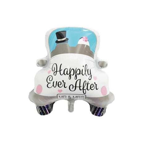 Balon din Folie Metalizata, Vivimall, Figurina Masina, Model Nunta Happily Ever After, Tema Nunta, 60 x 63 cm, Ambalaj Individual, Pai Inclus, Umflare cu Aer sau Heliu, Alb