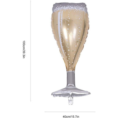 Balon din Folie Metalizata, Flippy, Figurina Pahar de Sampanie, Tema Aniversare, 100x40 cm, Ambalaj Individual, Pai Inclus, Umflare cu Aer sau Heliu, Auriu