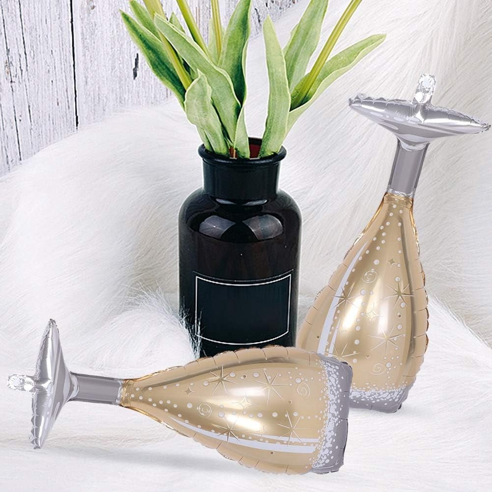 Balon din Folie Metalizata, Vivimall, Figurina Pahar de Sampanie, Tema Aniversare, 100x40 cm, Ambalaj Individual, Pai Inclus, Umflare cu Aer sau Heliu, Auriu