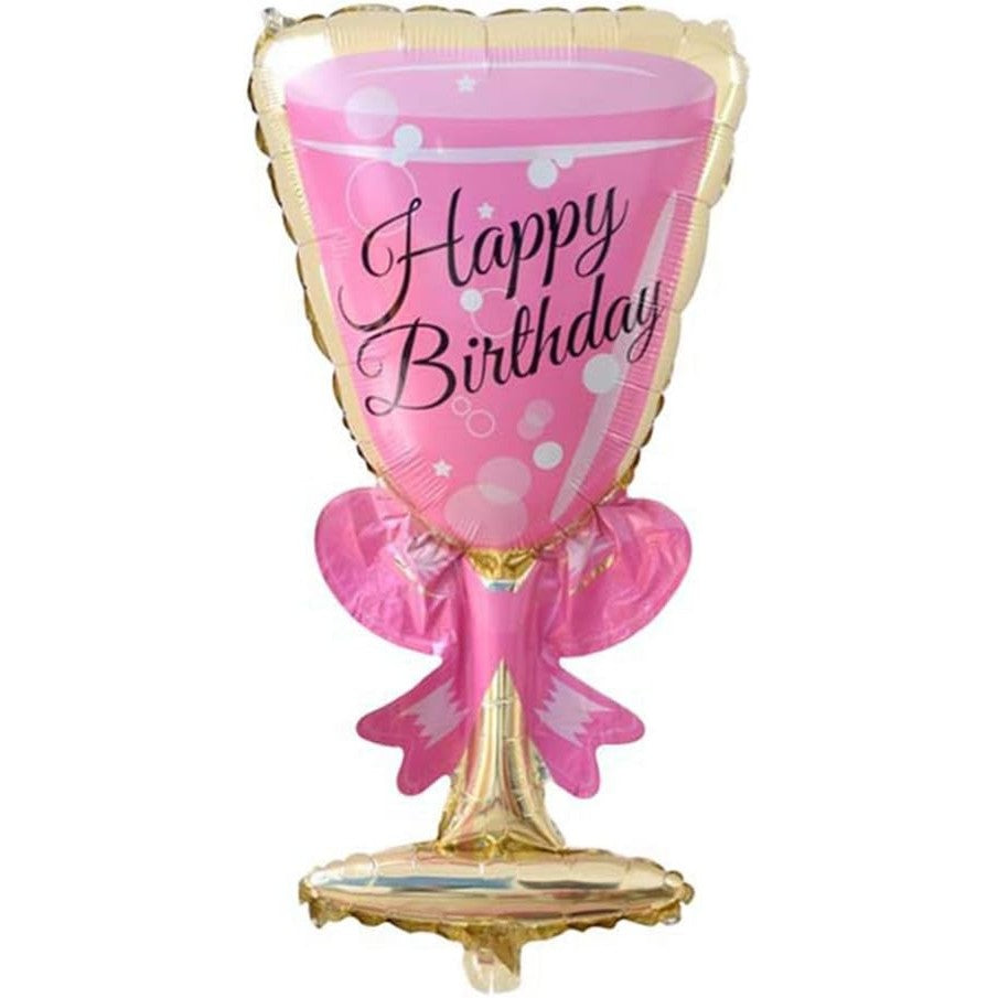 Balon din Folie Metalizata, Vivimall, Figurina Pahar de Vin, Tema Aniversare, 93x48 cm, Ambalaj Individual, Pai Inclus, Umflare cu Aer sau Heliu, Roz