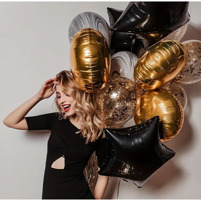 Balon Din Folie Metalizata, Figurina Stea, Model Simplu, Tematica Aniversare, 40 Cm, Ambalaj Individual, Pai Inclus, Umflare Cu Aer Sau Heliu,