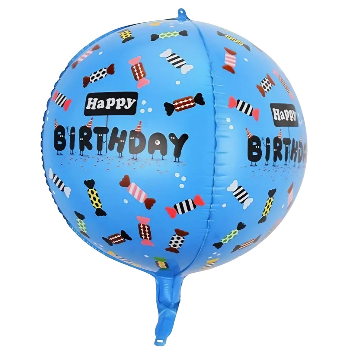 Balon din Folie Metalizata, Vivimall, Figurine 4D, Model Happy Birthday, Tematica Aniversara Bombonele, 63x24 cm, Ambalaj Individual, Pai Inclus, Umflare cu Aer sau Heliu, Albastru