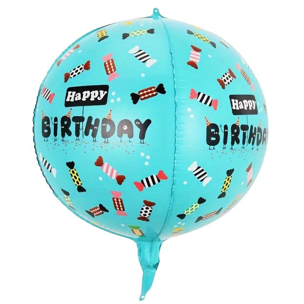 Balon din Folie Metalizata, Flippy, Figurine 4D, Model Happy Birthday, Tematica Aniversara Bombonele, 63x24 cm, Ambalaj Individual, Pai Inclus, Umflare cu Aer sau Heliu, Blue