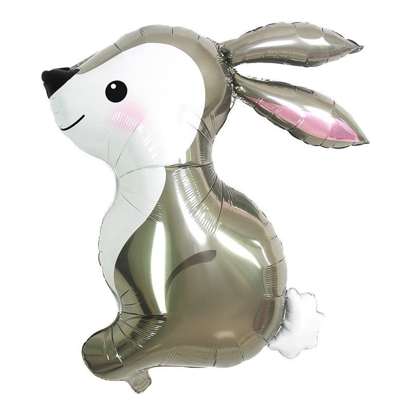 Balon din Folie Metalizata, Vivimall, Ambalaj Individual, Pai Inclus, Model Iepure, Tema Animalute, 56x73 cm, Umflare cu Aer sau Heliu, Gri