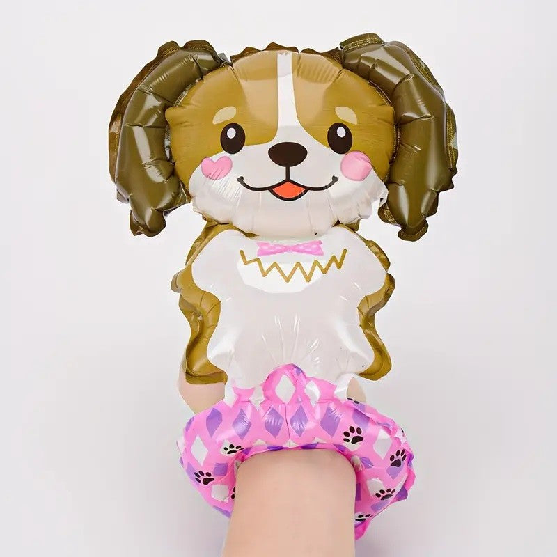 Balon din Folie Metalizata, Vivimall, Figurine Animalute, Tip Bratara, Model Catel, 13 x 35 cm, Ambalaj Individual, Pai Inclus, Umflare cu Aer sau Heliu, Maro - vivimall.ro