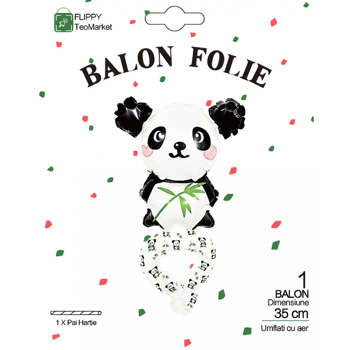 Balon din Folie Metalizata, Vivimall, Figurine Animalute, Tip Bratara, Model Panda, 13 x 35 cm, Ambalaj Individual, Pai Inclus, Umflare cu Aer sau Heliu, Alb/Negru - vivimall.ro