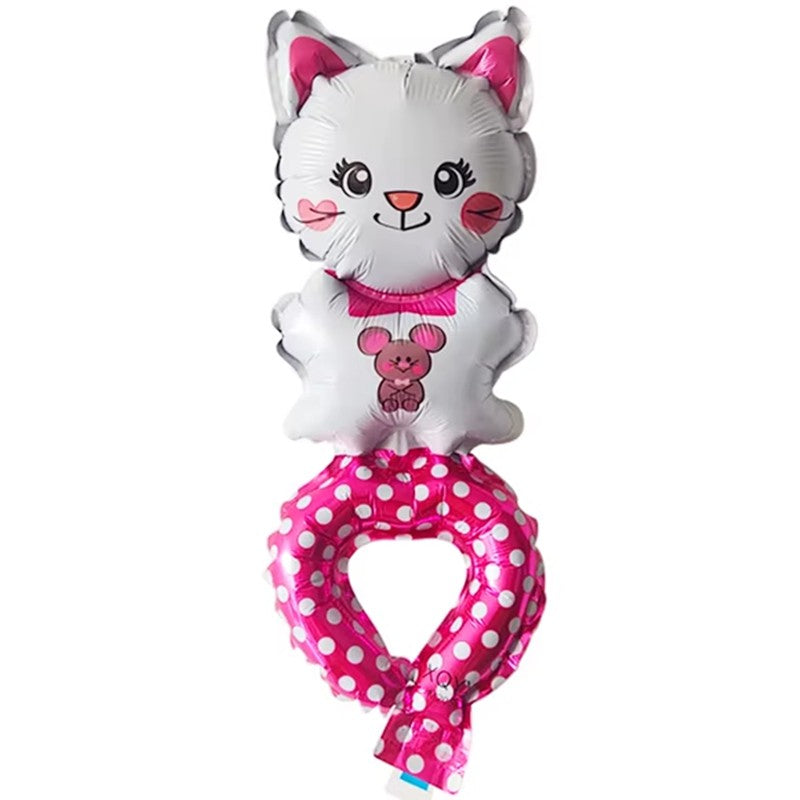 Balon din Folie Metalizata, Flippy, Figurine Animalute, Tip Bratara, Model Pisica, Ambalaj Individual, Pai Inclus, Umflare cu Aer sau Heliu, Alb - vivimall.ro