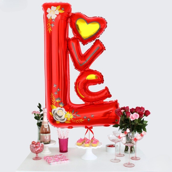 Balon Din Folie Metalizata, Figurine, Model Love, Tematica Iubire, Ambalaj Individual, Pai Inclus, Umflare Cu Aer Sau Heliu,