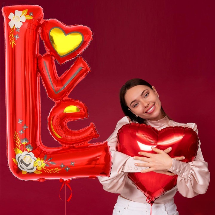 Balon Din Folie Metalizata, Figurine, Model Love, Tematica Iubire, Ambalaj Individual, Pai Inclus, Umflare Cu Aer Sau Heliu,