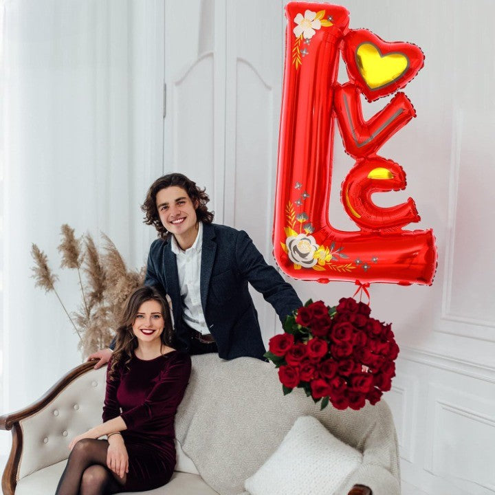 Balon Din Folie Metalizata, Figurine, Model Love, Tematica Iubire, Ambalaj Individual, Pai Inclus, Umflare Cu Aer Sau Heliu,
