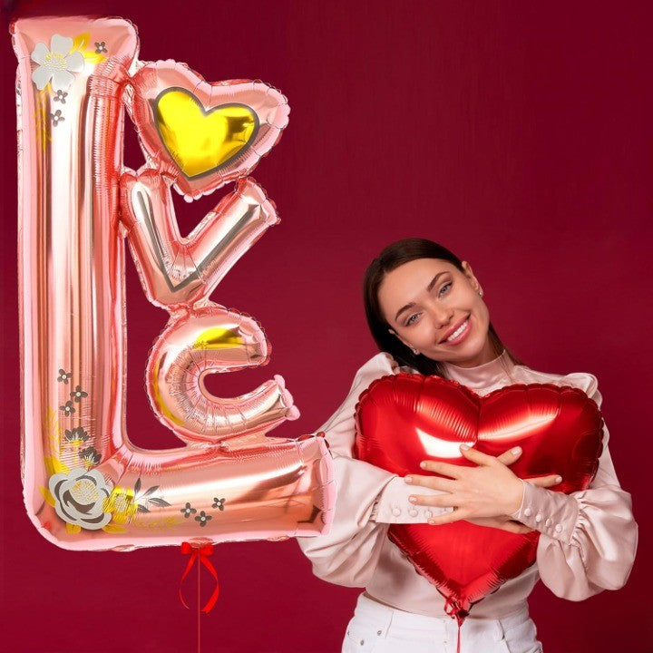 Balon Din Folie Metalizata, Figurine, Model Love, Tematica Iubire, Ambalaj Individual, Pai Inclus, Umflare Cu Aer Sau Heliu,