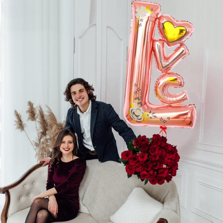 Balon Din Folie Metalizata, Figurine, Model Love, Tematica Iubire, Ambalaj Individual, Pai Inclus, Umflare Cu Aer Sau Heliu,