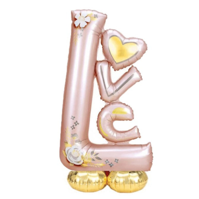 Balon din Folie Metalizata, Flippy, Figurine, Model LOVE, Tematica Iubire, 110x64 cm, Ambalaj Individual, Pai Inclus, Umflare cu Aer sau Heliu, Roz Deschis