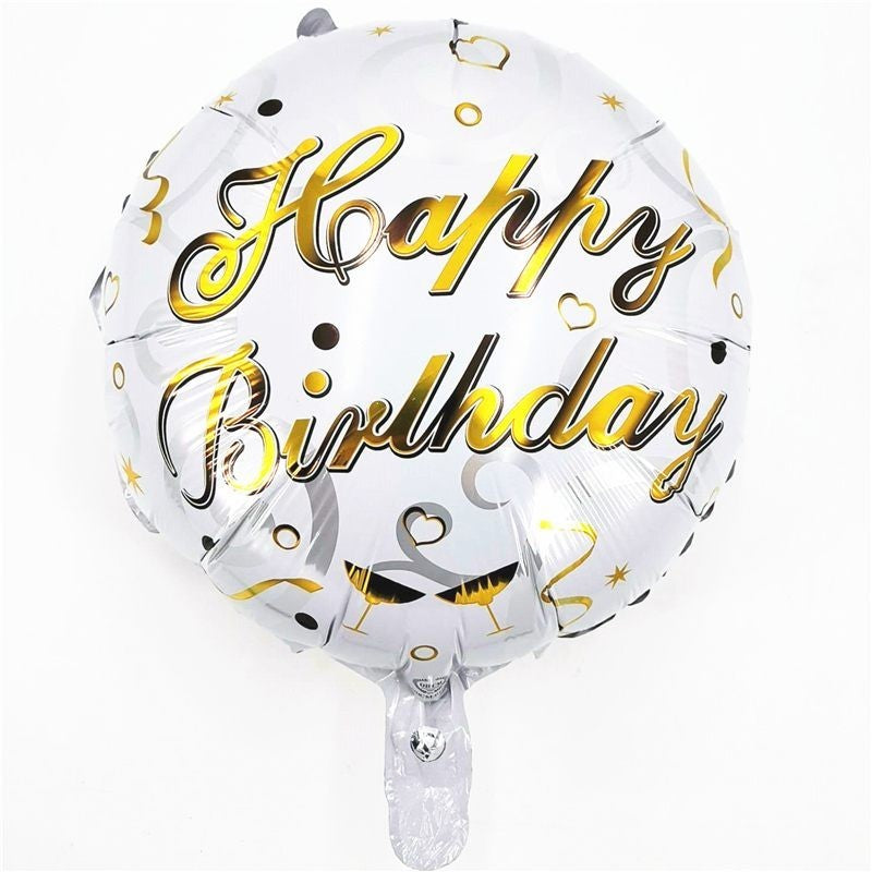 Balon Din Folie Metalizata, Mini Figurina Rotunda, Model Happy Birthday, Tema Aniversare, 45 Cm, Ambalaj Individual, Pai Inclus, Umflare Cu Aer Sau Heliu,