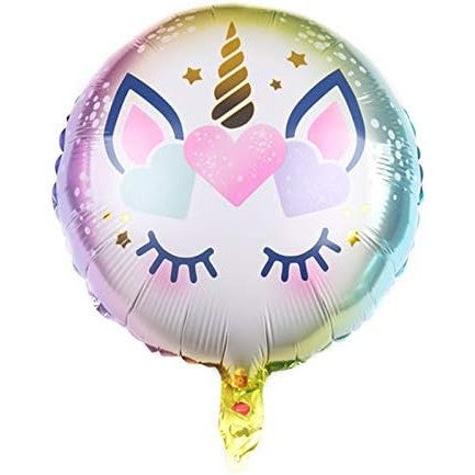 Balon din Folie Metalizata, Flippy, Mini Figurina Rotunda, Model Unicorn, Happy Birthday, Tematica Aniversare, 45 cm, Ambalaj Individual, Pai Inclus, Umflare cu Aer sau Heliu, Multicolor