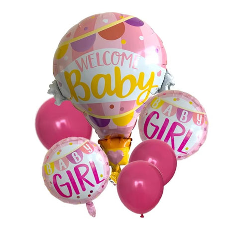 Balon din Folie Metalizata, Vivimall, Mini Figurine, Model Balon cu Aer Cald Fetita, Tematica Welcome Baby, 80x62 cm, Ambalaj Individual, Pai Inclus, Umflare cu Aer sau Heliu, Roz