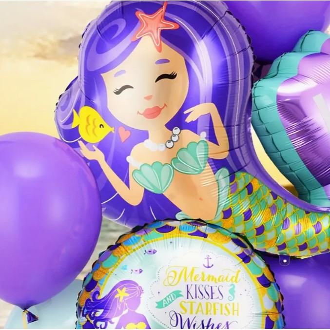 Balon Din Folie Metalizata, Mini Figurine, Model Sirena Cu Par, Tematica Aniversare, Ambalaj Individual, Pai Inclus, Umflare Cu Aer Sau Heliu, Multicolor