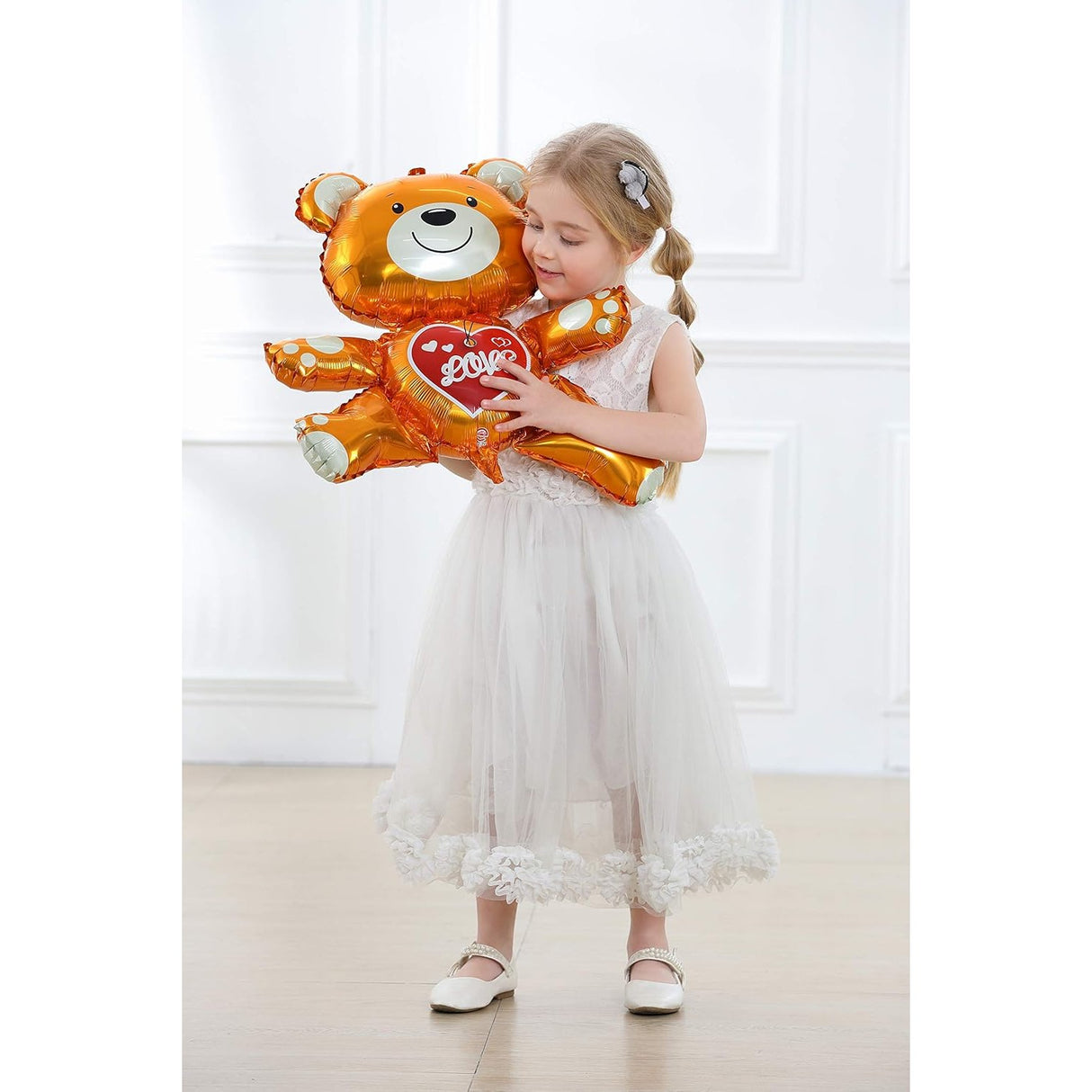 Balon din Folie Metalizata, Vivimall, Figurina Urs, Model Love, Tema Ziua Indragostitilor, 60x63cm, Ambalaj Individual, Pai Inclus, Umflare cu Aer sau Heliu, Maro