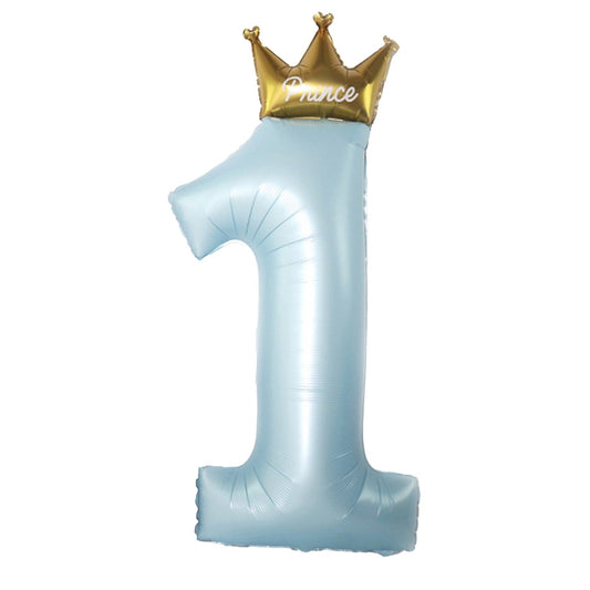Balon din Folie Metalizata, Vivimall, Figurina Cifra 1, Model Coroana Print, 91 cm, Ambalaj Individual, Pai inclus, Umflare cu Aer sau Heliu, Albastru - vivimall.ro