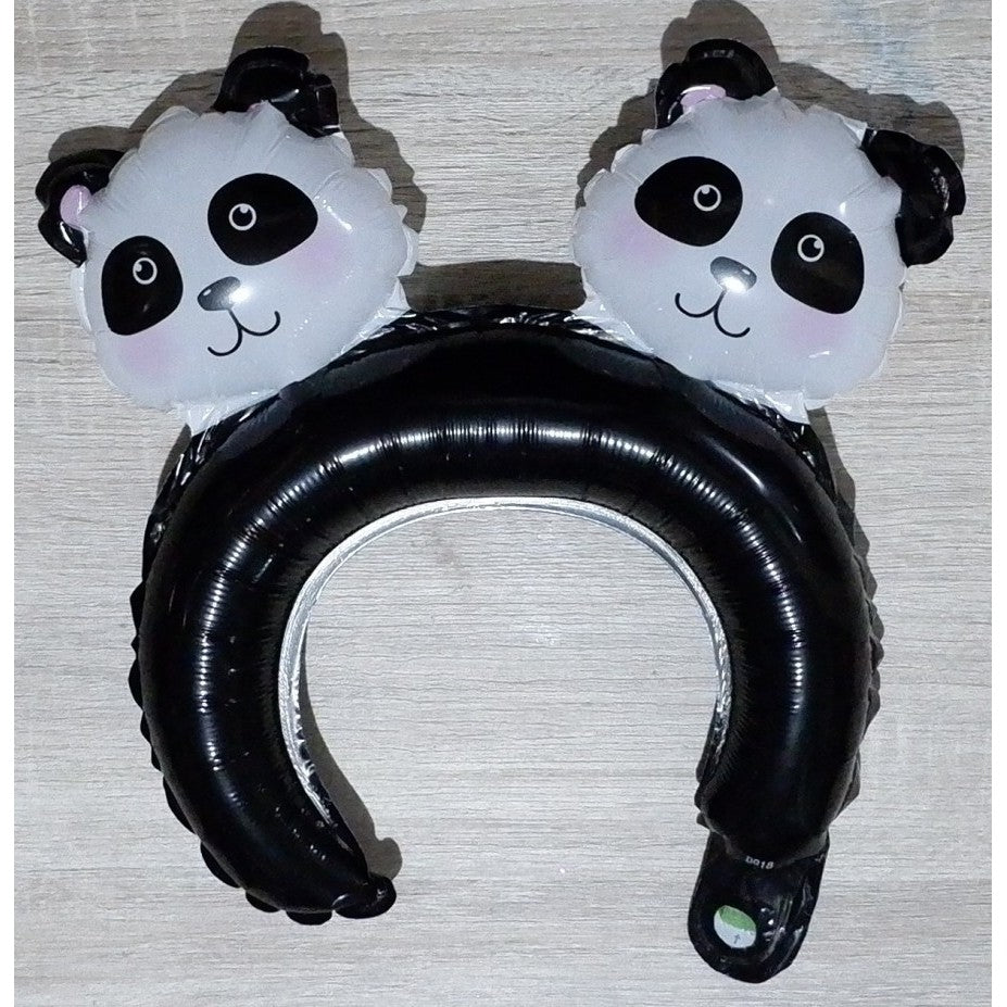 Balon din Folie Metalizata, Flippy, Tip Coronita cu Urechi, Model Panda, Ambalaj Individual, Pai Inclus, Umflare cu Aer sau Heliu, 30 x 27 cm, Albastru